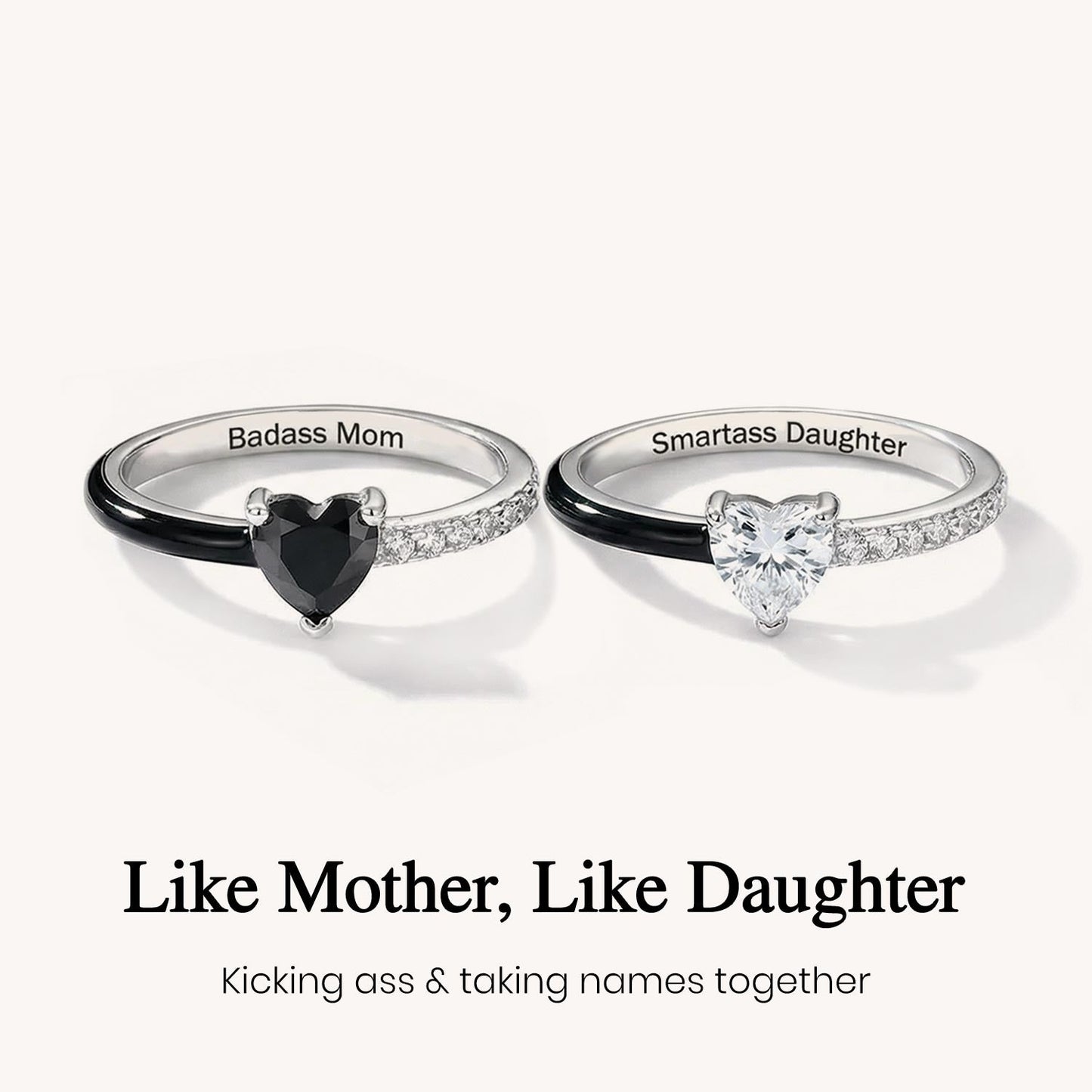 Like Mother Like Daughter Matching Black Enamel Heart Rings