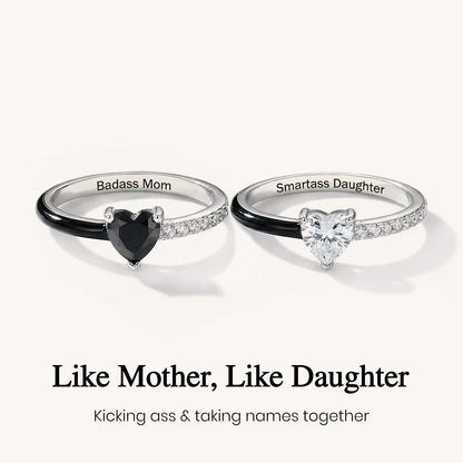Like Mother Like Daughter Matching Black Enamel Heart Rings