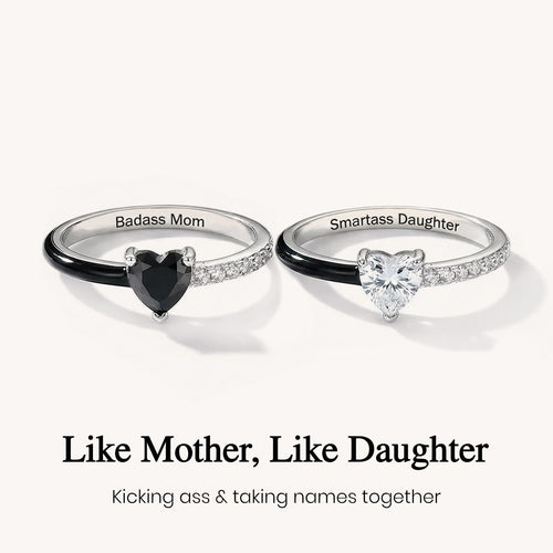 Like Mother Like Daughter Matching Black Enamel Heart Rings