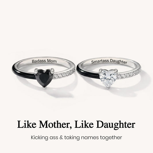 Like Mother Like Daughter Matching Black Enamel Heart Rings
